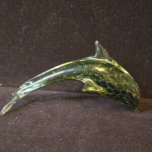 Murano-style Art Glass Dolphin Figurine Green with Gold Flecks Decorative